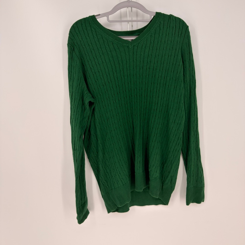 Kim Rogers Sweater Womens Medium Green Cable Knit V-Neck Cotton Preppy Classic